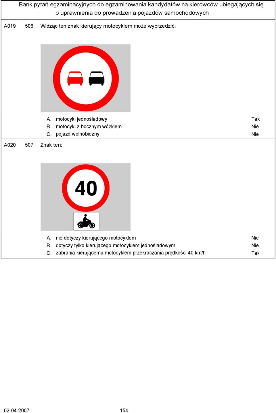 pojazd wolnobieżny Nie A020 507 Znak ten: A. nie dotyczy kierującego motocyklem Nie B.