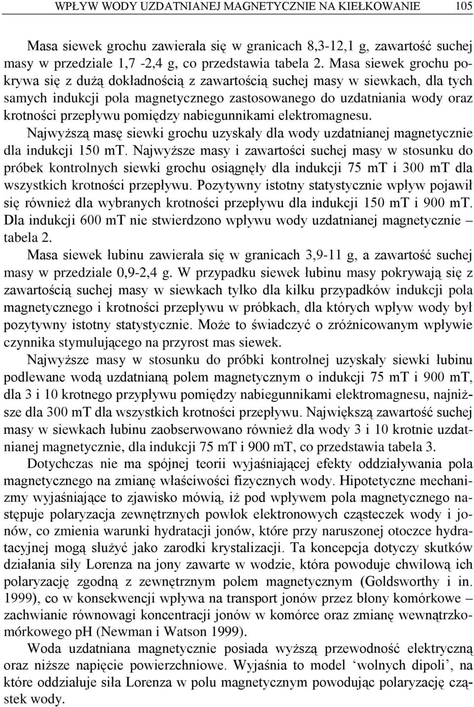 pomiędzy nabiegunnikami elektromagnesu. Najwyższą masę siewki grochu uzyskały dla wody uzdatnianej magnetycznie dla indukcji 150 mt.