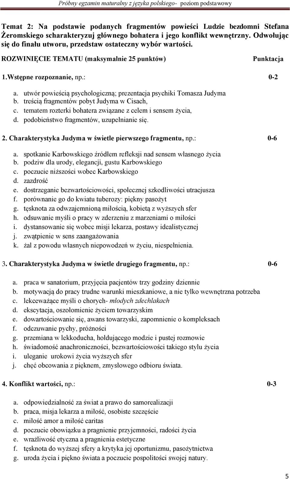 utwór powieścią psychologiczną; prezentacja psychiki Tomasza Judyma b. treścią fragmentów pobyt Judyma w Cisach, c. tematem rozterki bohatera związane z celem i sensem życia, d.