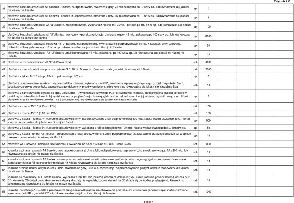 , lub równoważna ale jakości nie niższej niż Esselte ofertówka koszulka krystaliczna A4 "U", Esselte, multiperforowana, wykonana z mocnej folii 75mic., pakowa po 100 szt w op.