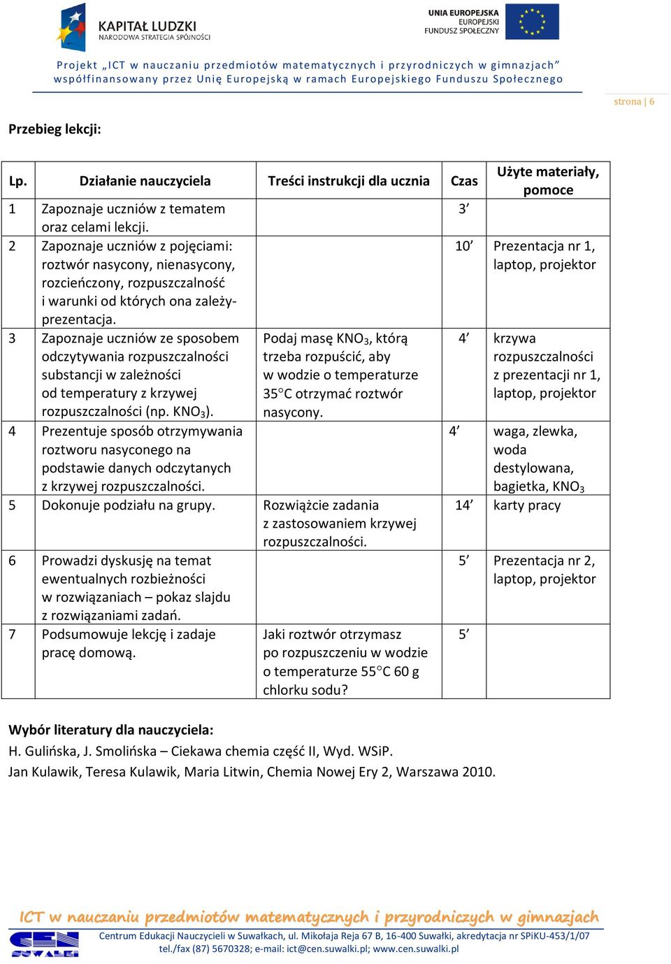 3 Zapoznaje uczniów ze sposobem Podaj masę KNO 3, którą odczytywania rozpuszczalności trzeba rozpuścić, aby substancji w zależności w wodzie o temperaturze od temperatury z krzywej 35 C otrzymać