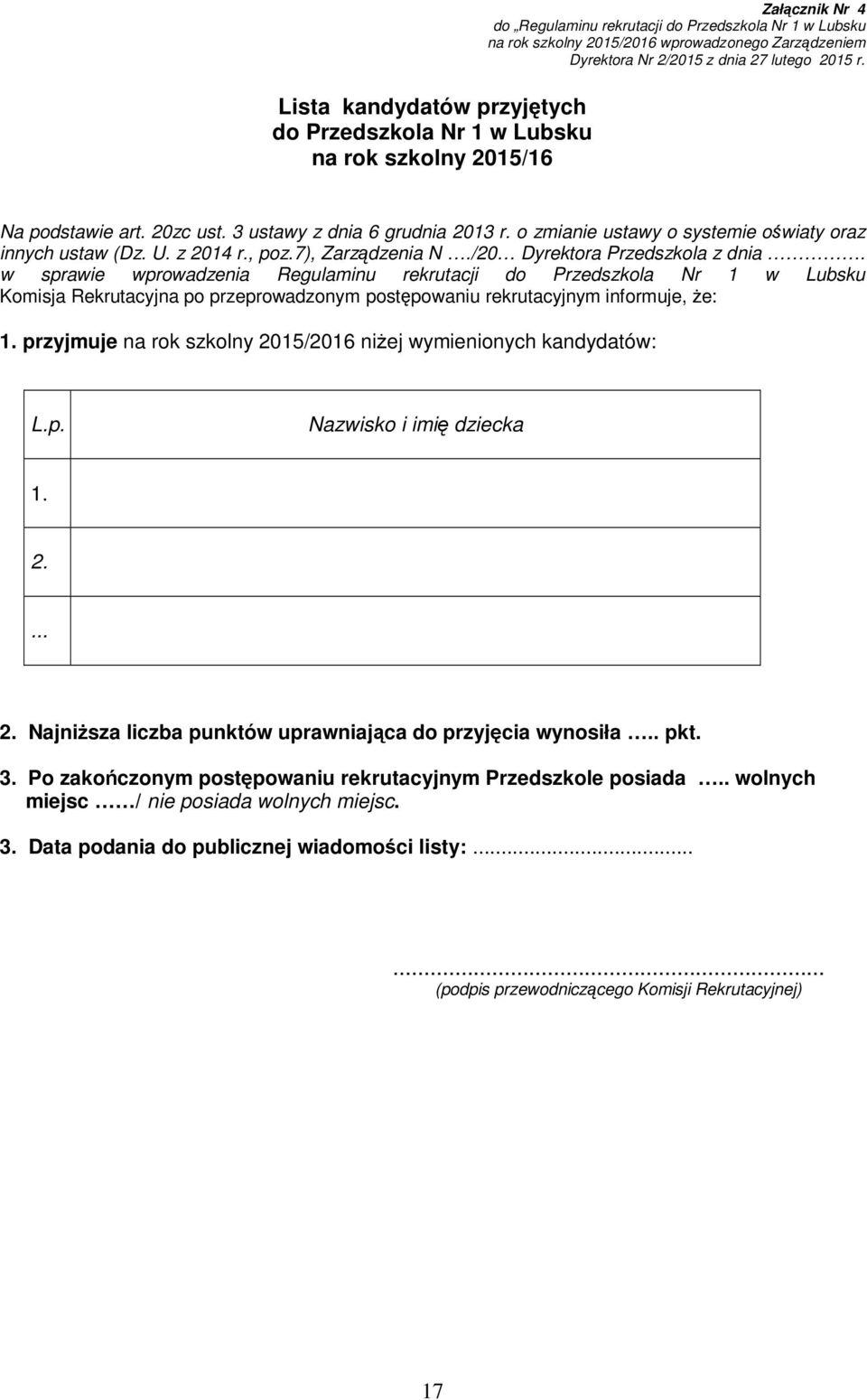 7), Zarządzenia N./20 Dyrektora Przedszkola z dnia.