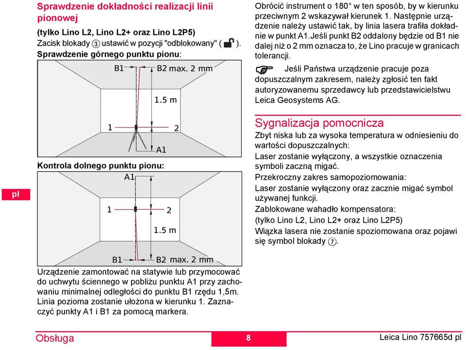 2 mm Urządzenie zamontować na statywie lub przymocować do uchwytu ściennego w pobliżu punktu A1 przy zachowaniu minimalnej odległości do punktu B1 rzędu 1,5m.