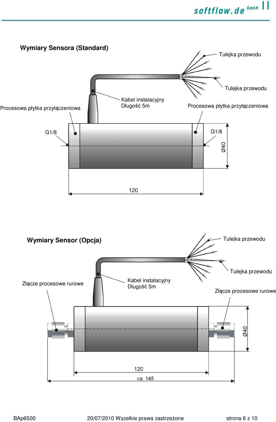 Wymiary Sensor (Opcja) Tulejka przewodu Złącze procesowe rurowe Kabel instalacyjny