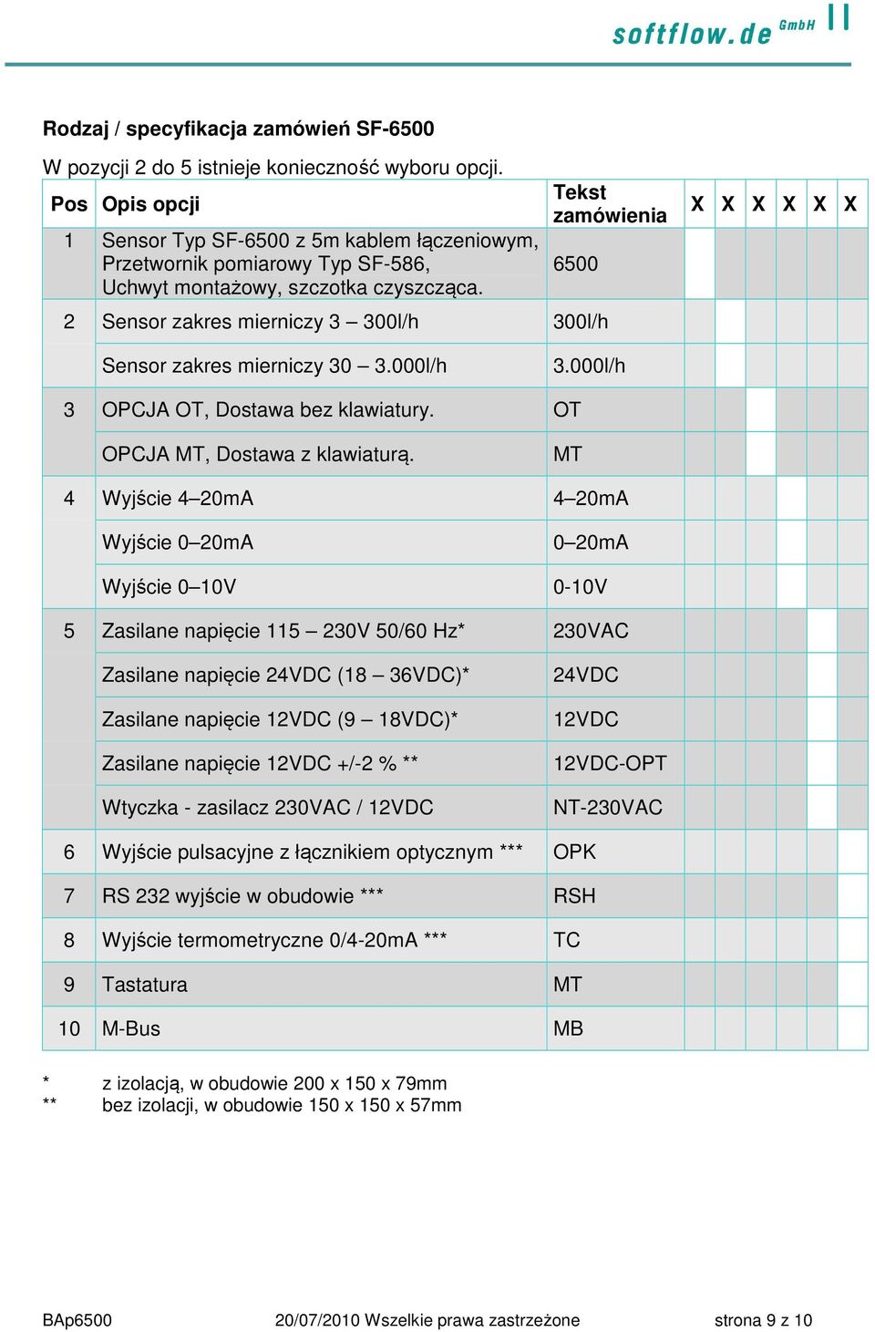 Tekst zamówienia 6500 2 Sensor zakres mierniczy 3 300l/h 300l/h X X X X X X Sensor zakres mierniczy 30 3.000l/h 3.000l/h 3 OPCJA OT, Dostawa bez klawiatury. OT OPCJA MT, Dostawa z klawiaturą.