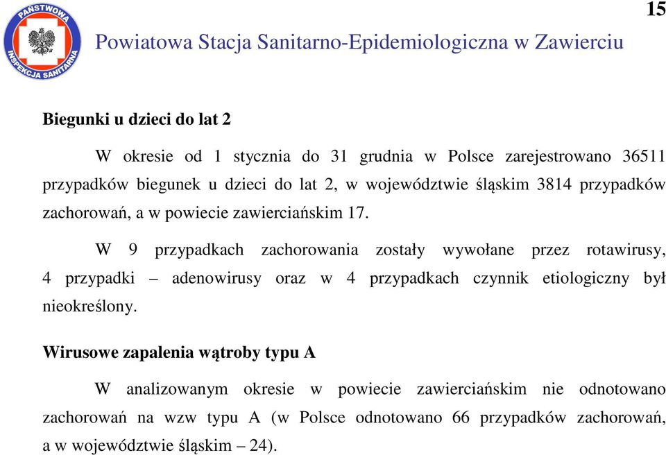 W 9 przypadkach zachorowania zostały wywołane przez rotawirusy, 4 przypadki adenowirusy oraz w 4 przypadkach czynnik etiologiczny był nieokreślony.