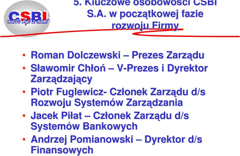 Chłoń V-Prezes i Dyrektor Zarządzaj dzający Piotr Fuglewicz- Członek Zarządu