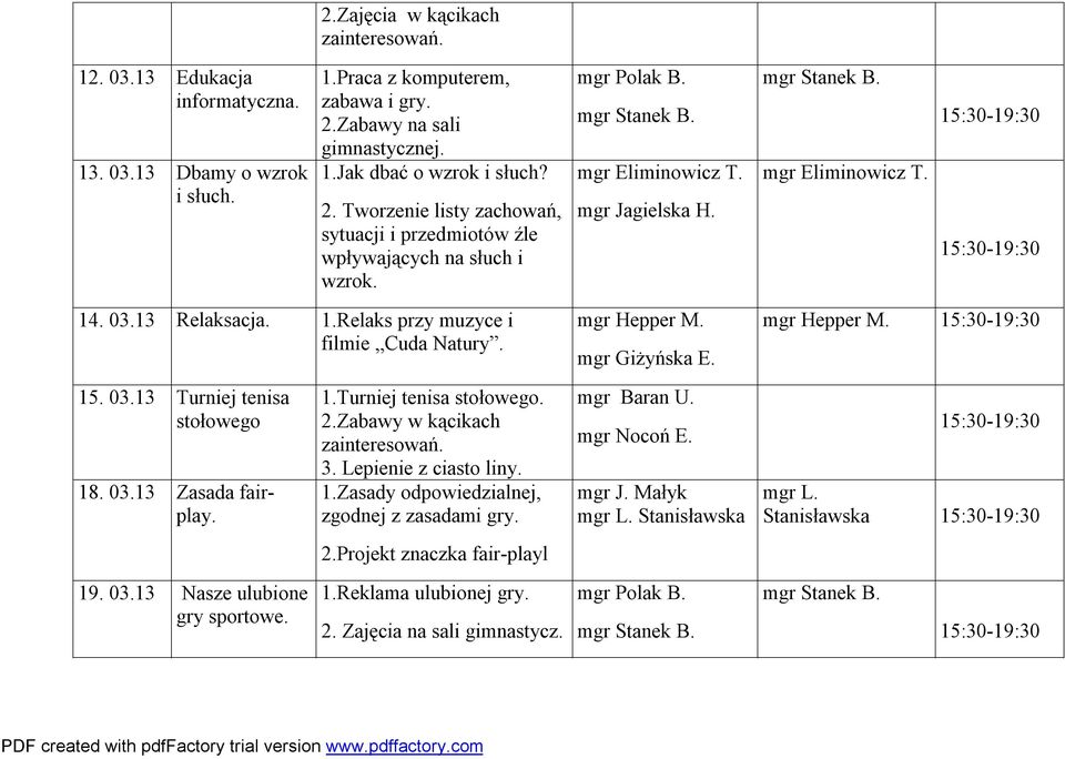 03.13 Zasada fairplay. 1.Turniej tenisa stołowego. 2.Zabawy w kącikach zainteresowań. 3. Lepienie z ciasto liny. 1.Zasady odpowiedzialnej, zgodnej z zasadami gry. mgr L.