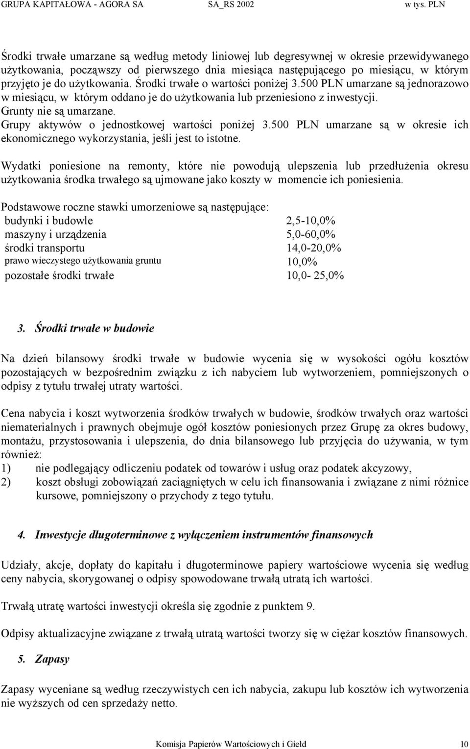 użytkowania. Środki trwałe o wartości poniżej 3.500 PLN umarzane są jednorazowo w miesiącu, w którym oddano je do użytkowania lub przeniesiono z inwestycji. Grunty nie są umarzane.