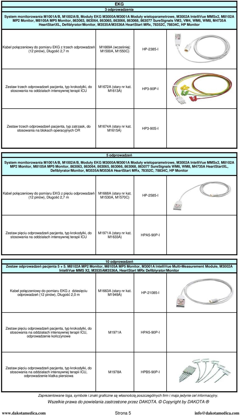 odprowadzeń (12 pinów), Długość 2,7 m M1669A (wcześniej: M1500A, M1550C) HP-2385-I Zestaw trzech odprowadzeń pacjenta, typ krokodylki, do stosowania na oddziałach intensywnej terapii ICU M1672A
