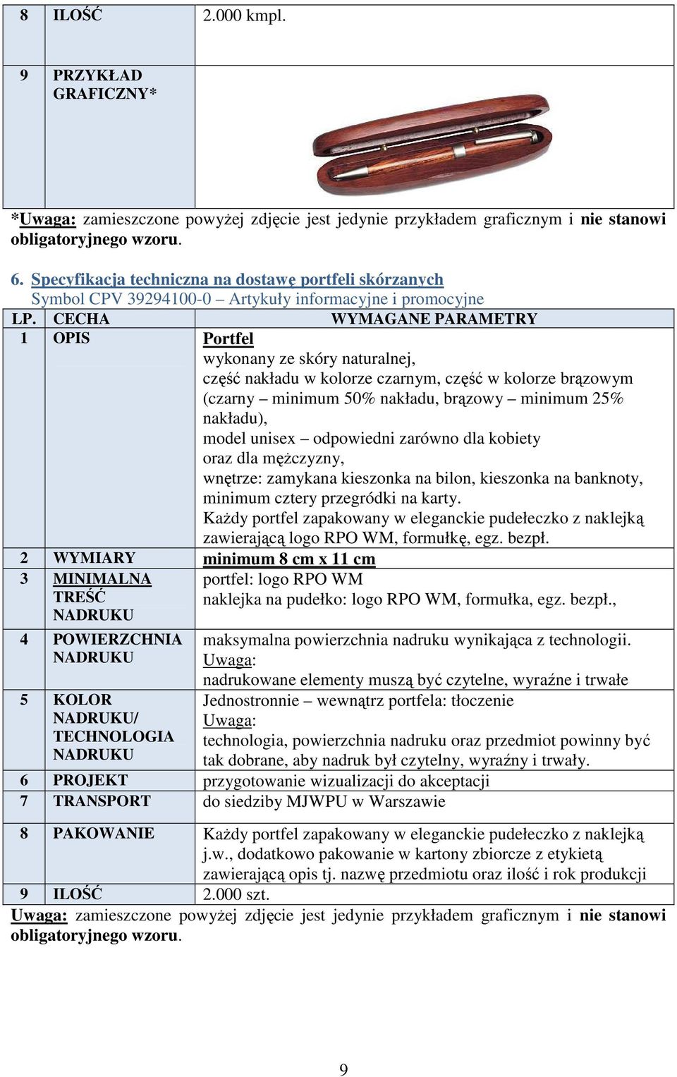 minimum 25% nakładu), model unisex odpowiedni zarówno dla kobiety oraz dla męŝczyzny, wnętrze: zamykana kieszonka na bilon, kieszonka na banknoty, minimum cztery przegródki na karty.