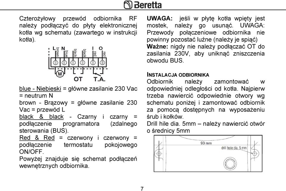 Red & Red = czerwony i czerwony = podłączenie termostatu pokojowego ON/OFF. Powyżej znajduje się schemat podłączeń wewnętrznych odbiornika.