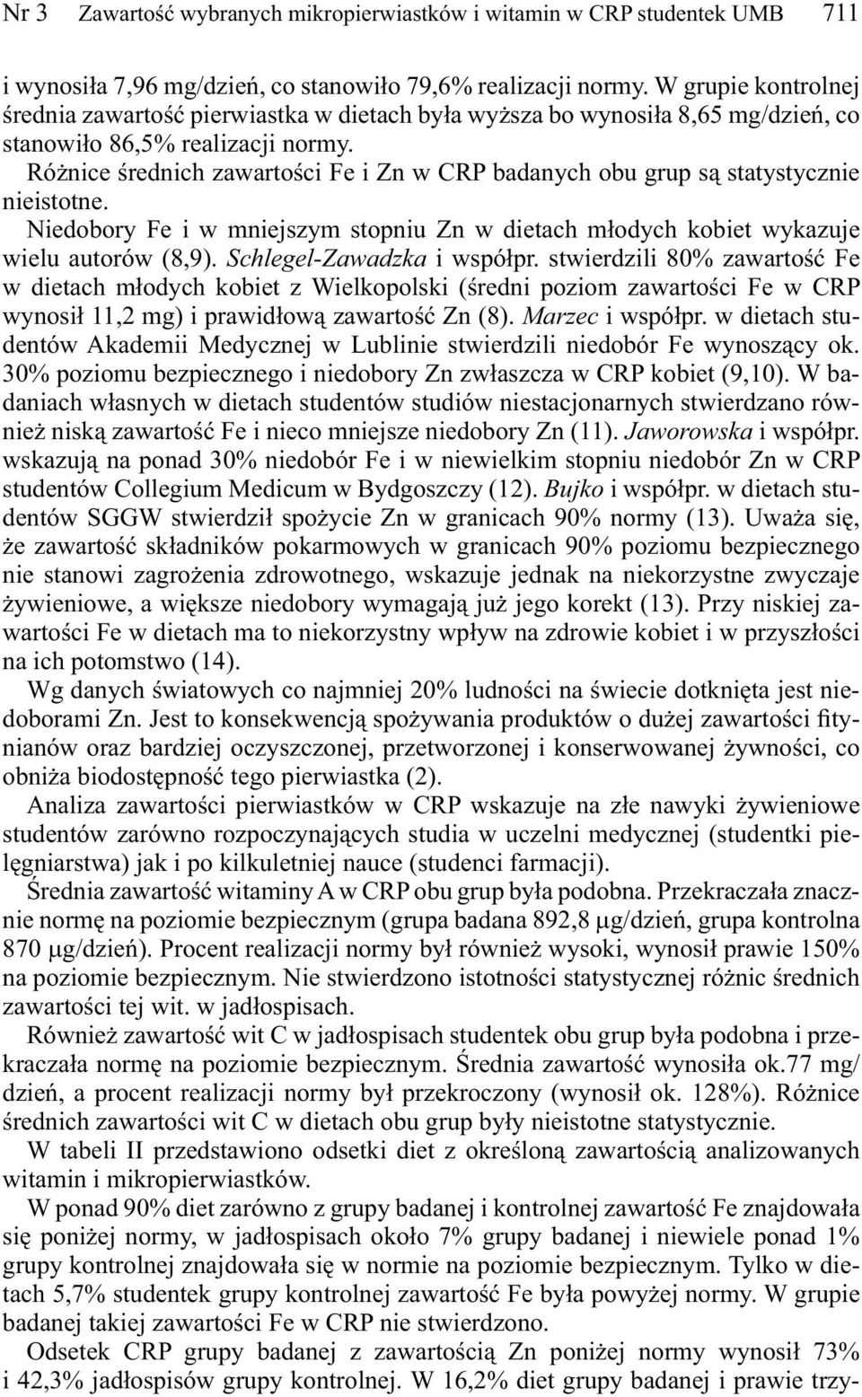 Różnice średnich zawartości Fe i Zn w CRP badanych obu grup są statystycznie nieistotne. Niedobory Fe i w mniejszym stopniu Zn w dietach młodych kobiet wykazuje wielu autorów (8,9).