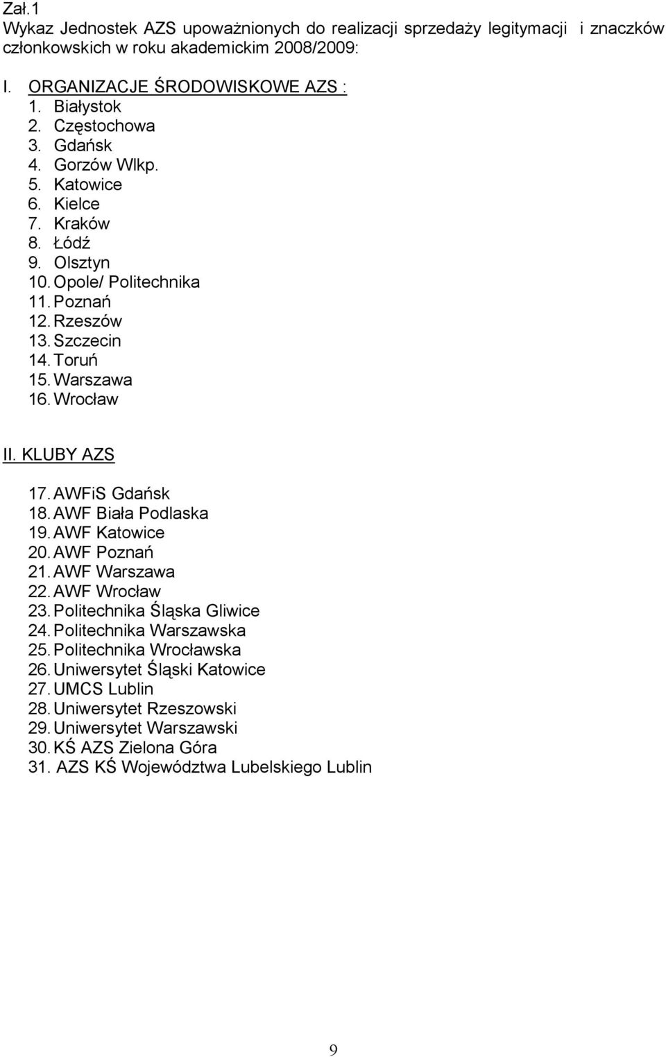 Wrocław II. KLUBY AZS 17. AWFiS Gdańsk 18. AWF Biała Podlaska 19. AWF Katowice 20. AWF Poznań 21. AWF Warszawa 22. AWF Wrocław 23. Politechnika Śląska Gliwice 24.