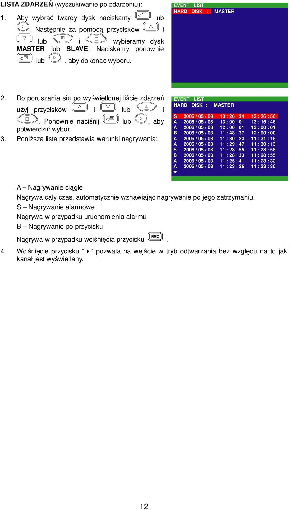 Poniższa lista przedstawia warunki nagrywania: EVENT LIST HARD DISK : MASTER S A 2006 / 05 / 03 2006 / 05 / 03 13 : 26 : 34 13 : 00 : 01 13 : 26 : 50 13 : 16 : 46 A 2006 / 05 / 03 12 : 00 : 01 13 :