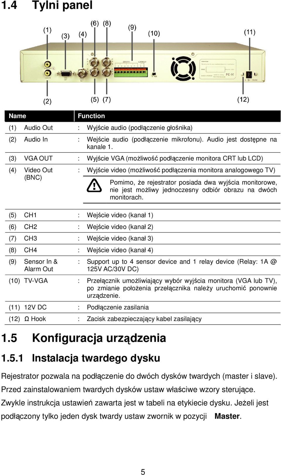 CH4 : Wejście video (kanał 4) (9) Sensor In & Alarm Out Wyjście video (możliwość podłączenia monitora analogowego TV) Pomimo, że rejestrator posiada dwa wyjścia monitorowe, nie jest możliwy