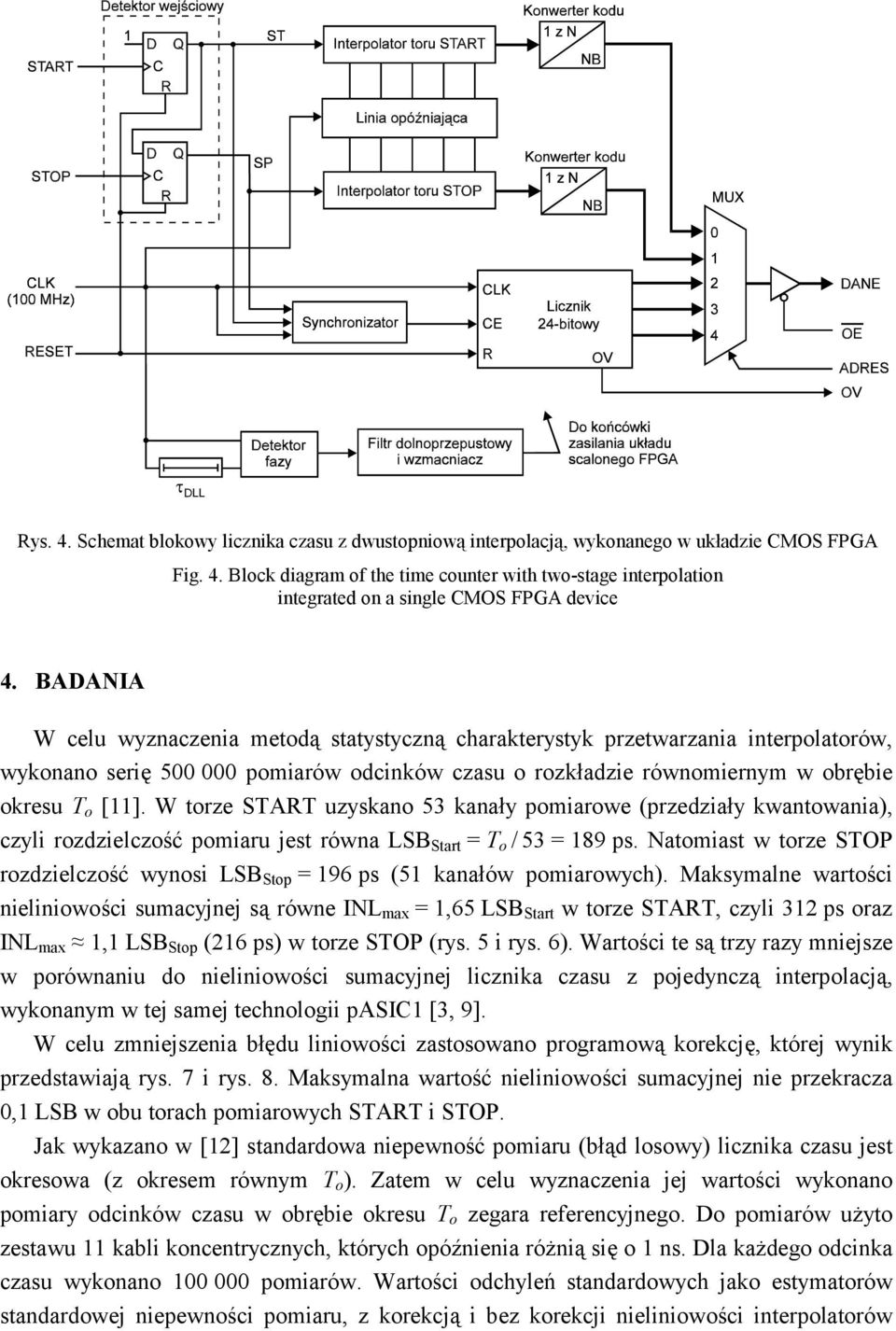 W torze START uzyskano 53 kanały pomiarowe (przedziały kwantowania), czyli rozdzielczość pomiaru jest równa LSB Start = T o / 53 = 189 ps.