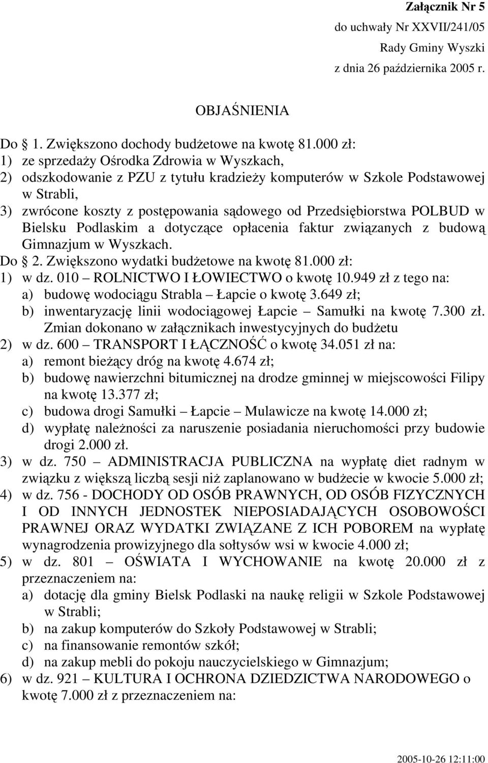 POLBUD w Bielsku Podlaskim a dotyczące opłacenia faktur związanych z budową Gimnazjum w Wyszkach. Do 2. Zwiększono wydatki budżetowe na kwotę 81.000 zł: 1) w dz. 010 ROLNICTWO I ŁOWIECTWO o kwotę 10.