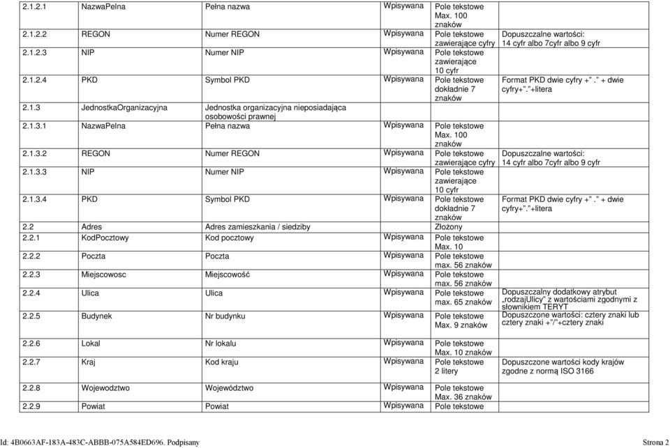 100 2.1.3.2 REGON Numer REGON Wpisywana Pole tekstowe zawierające cyfry 2.1.3.3 NIP Numer NIP Wpisywana Pole tekstowe zawierające 10 cyfr 2.1.3.4 PKD Symbol PKD Wpisywana Pole tekstowe dokładnie 7 2.