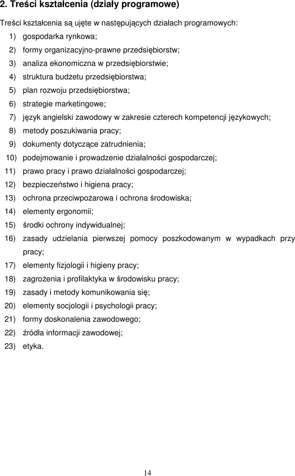 językowych; 8) metody poszukiwania pracy; 9) dokumenty dotyczące zatrudnienia; 10) podejmowanie i prowadzenie działalności gospodarczej; 11) prawo pracy i prawo działalności gospodarczej; 12)