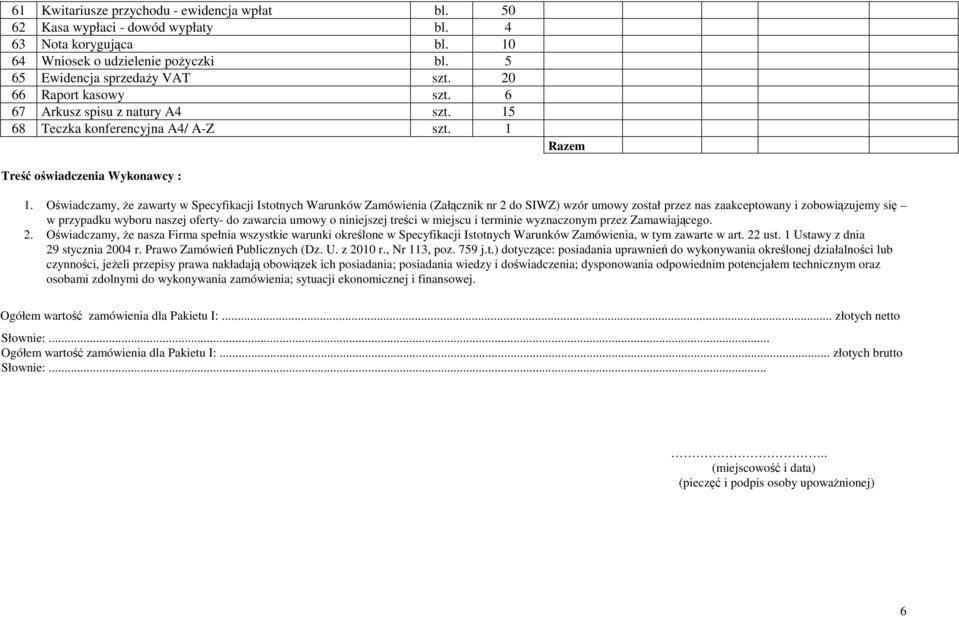 Oświadczamy, że zawarty w Specyfikacji Istotnych Warunków Zamówienia (Załącznik nr 2 do SIWZ) wzór umowy został przez nas zaakceptowany i zobowiązujemy się w przypadku wyboru naszej oferty- do