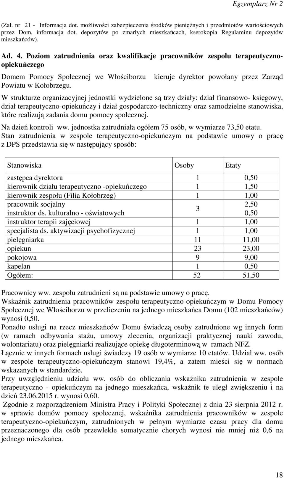 Poziom zatrudnienia oraz kwalifikacje pracowników zespołu terapeutycznoopiekuńczego Domem Pomocy Społecznej we Włościborzu Powiatu w Kołobrzegu.