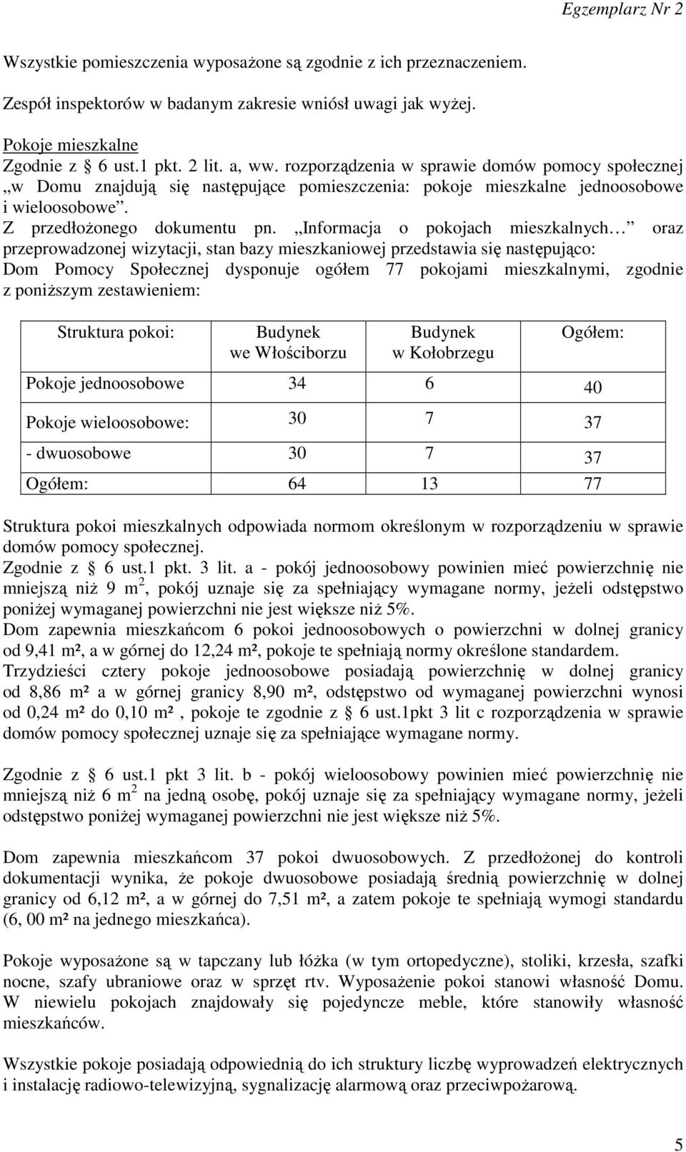 Informacja o pokojach mieszkalnych oraz przeprowadzonej wizytacji, stan bazy mieszkaniowej przedstawia się następująco: Dom Pomocy Społecznej dysponuje ogółem 77 pokojami mieszkalnymi, zgodnie z