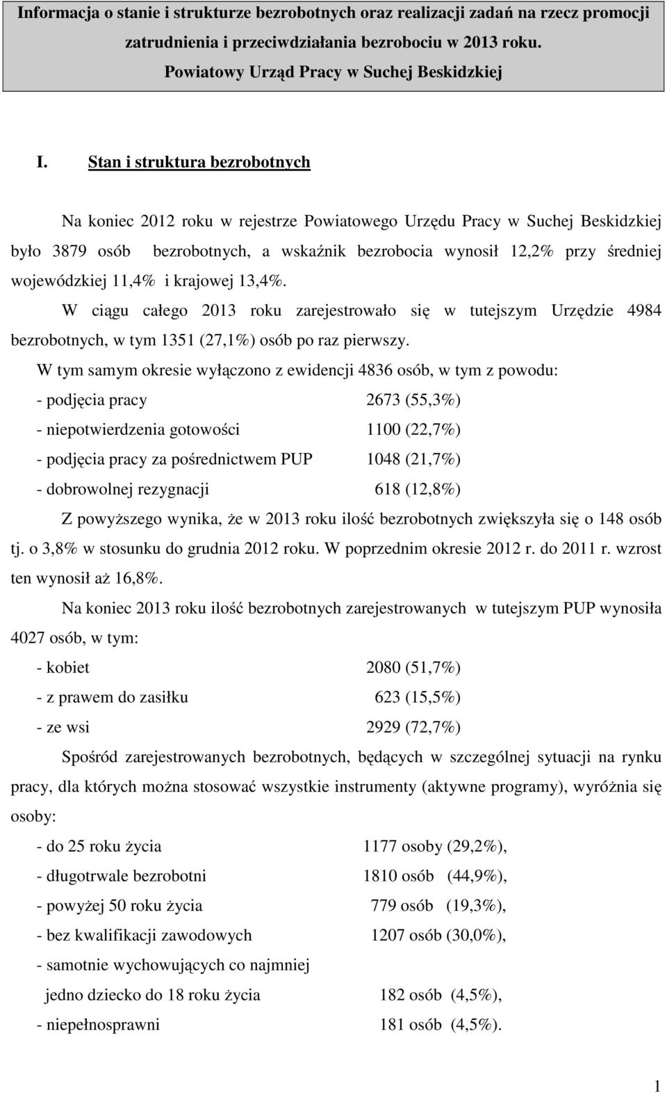 11,4% i krajowej 13,4%. W ciągu całego 2013 roku zarejestrowało się w tutejszym Urzędzie 4984 bezrobotnych, w tym 1351 (27,1%) osób po raz pierwszy.