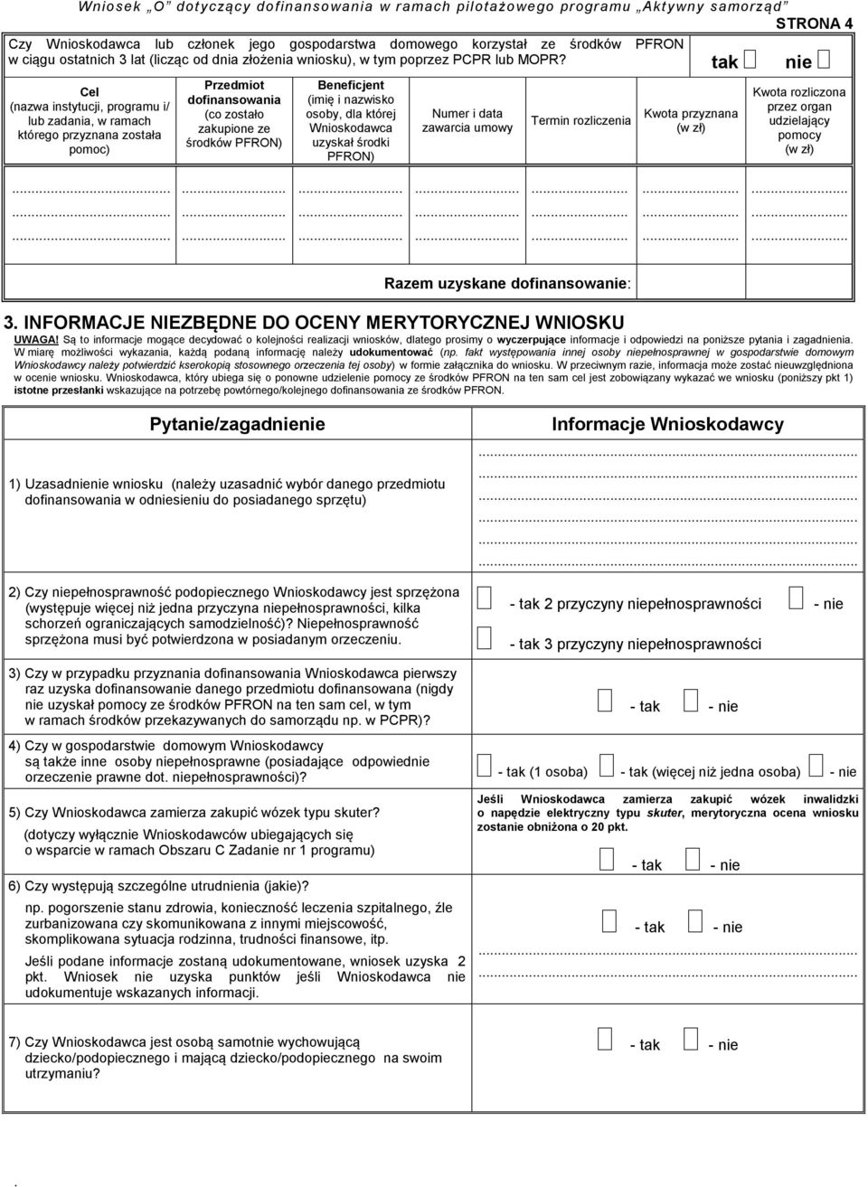 dla której Wnioskodawca uzyskał środki PFRON) Numer i data zawarcia umowy Termin rozliczenia Kwota przyznana (w zł) Kwota rozliczona przez organ udzielający pomocy (w zł) Razem uzyskane