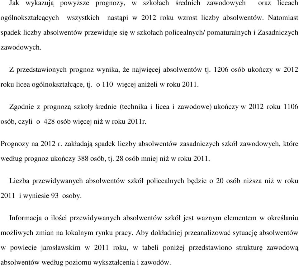 1206 osób ukończy w 2012 roku licea ogólnokształcące, tj. o 110 więcej aniżeli w roku 2011.