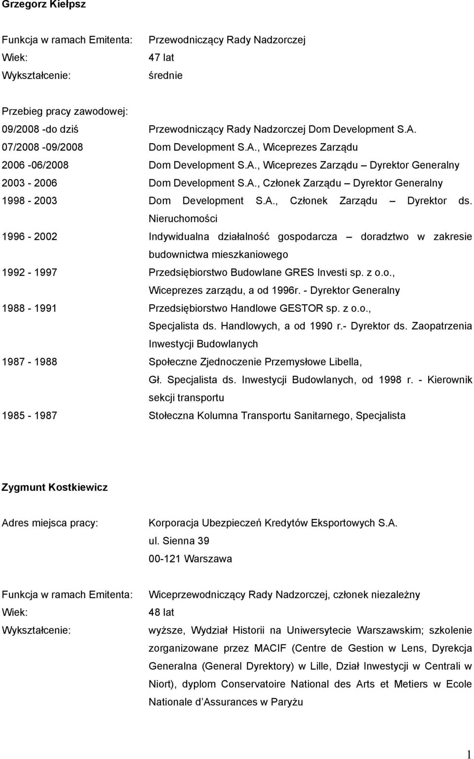 Nieruchomości 1996-2002 Indywidualna działalność gospodarcza doradztwo w zakresie budownictwa mieszkaniowego 1992-1997 Przedsiębiorstwo Budowlane GRES Investi sp. z o.o., Wiceprezes zarządu, a od 1996r.