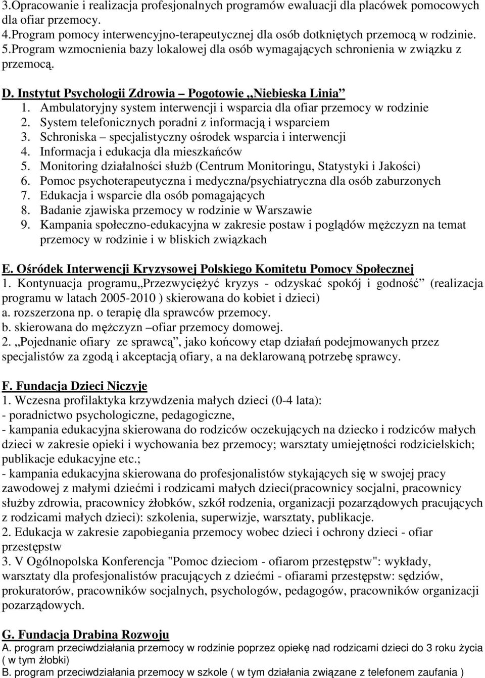 Ambulatoryjny system interwencji i wsparcia dla ofiar przemocy w rodzinie 2. System telefonicznych poradni z informacją i wsparciem 3. Schroniska specjalistyczny ośrodek wsparcia i interwencji 4.