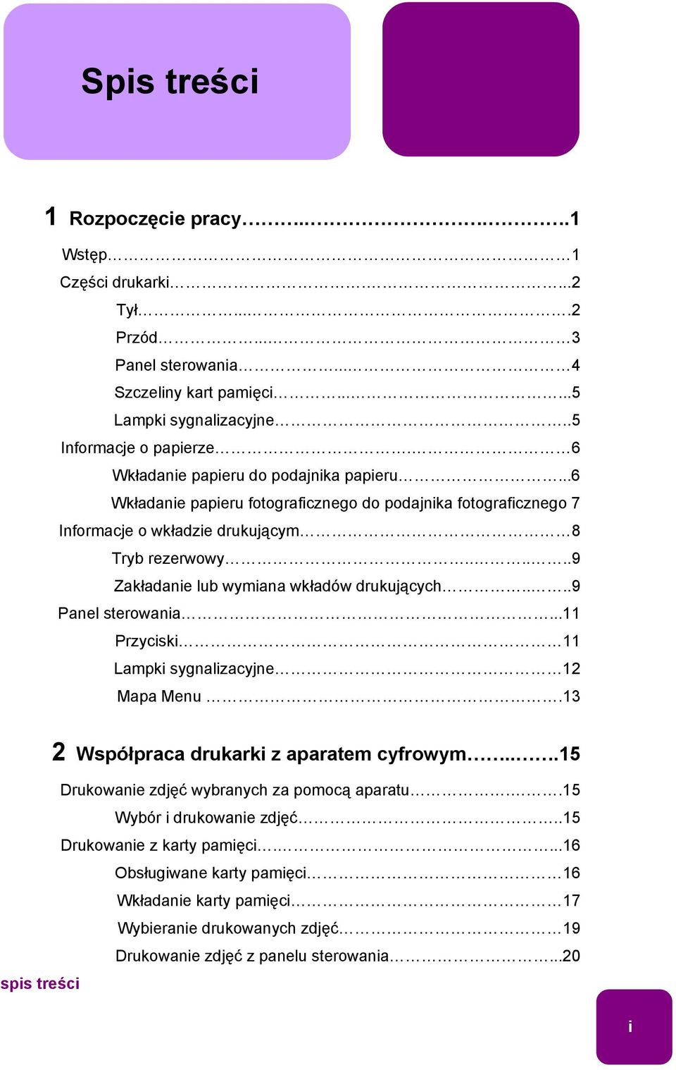 .....9 Zakładanie lub wymiana wkładów drukujących....9 Panel sterowania...11 Przyciski 11 Lampki sygnalizacyjne 12 Mapa Menu.13 2 Współpraca drukarki z aparatem cyfrowym.