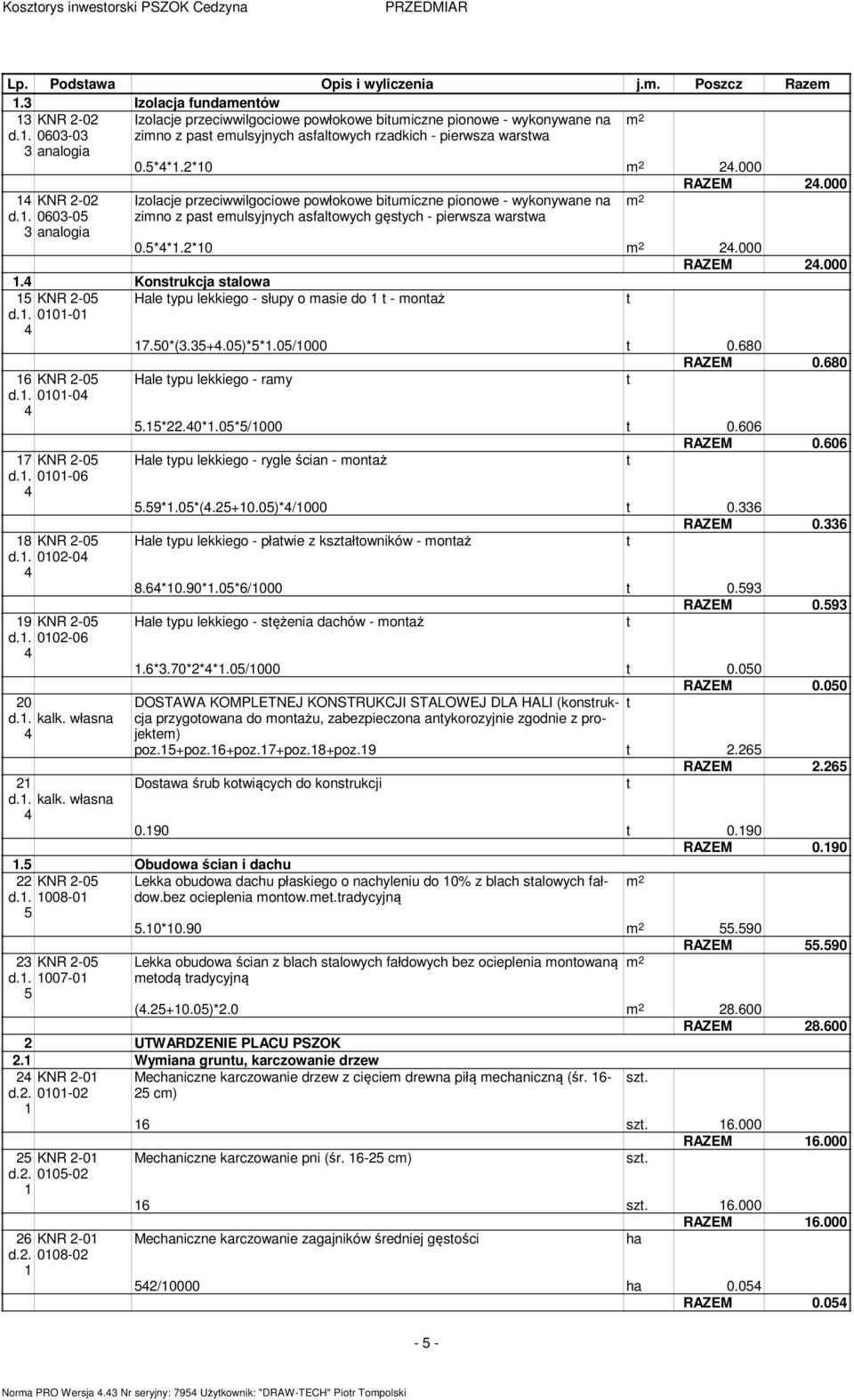 . 0603-05 3 analogia Izolacje przeciwwilgociowe powłokowe biumiczne pionowe - wykonywane na zimno z pas emulsyjnych asfalowych gęsych - pierwsza warswa m RAZEM.000 