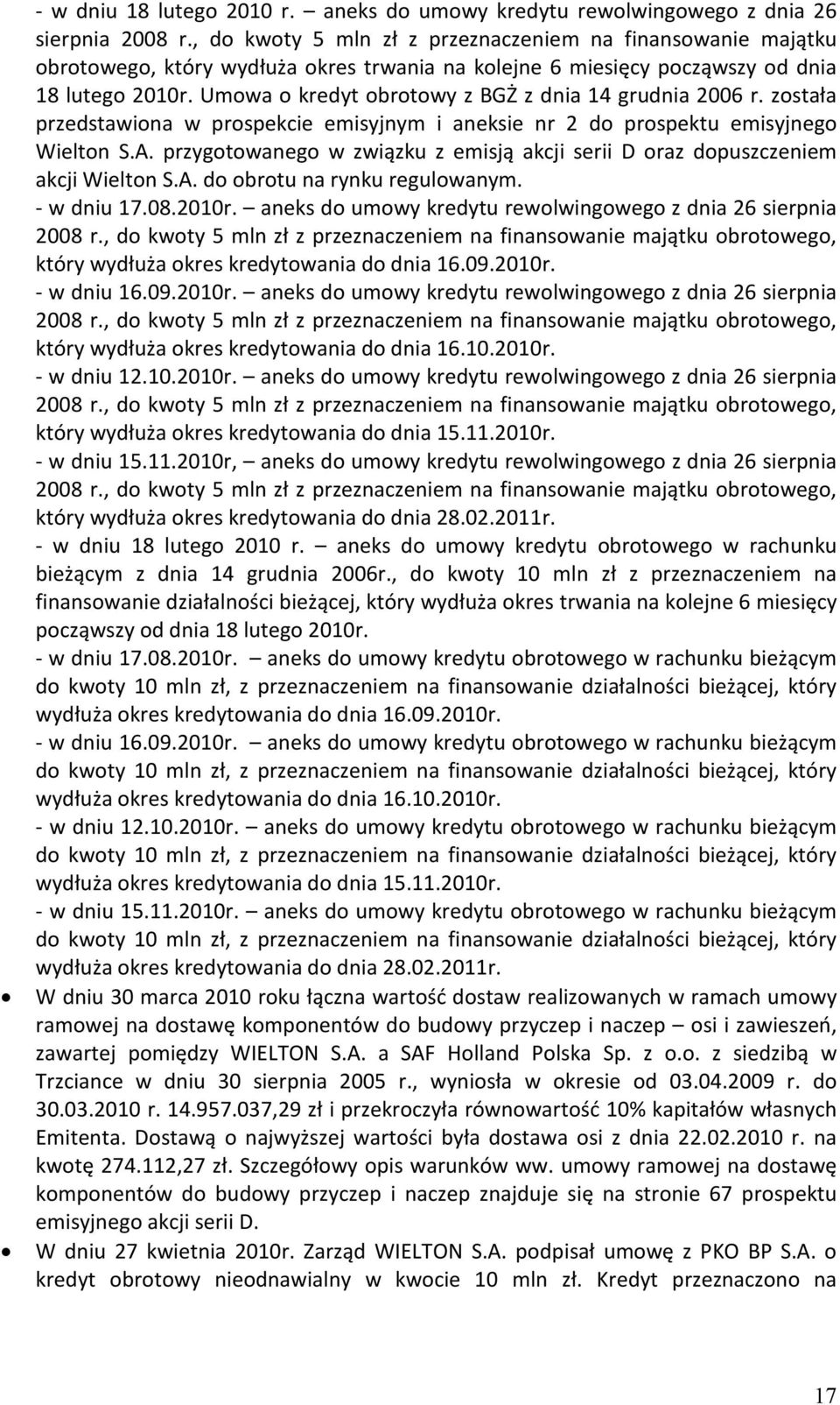 Umowa o kredyt obrotowy z BGŻ z dnia 14 grudnia 2006 r. została przedstawiona w prospekcie emisyjnym i aneksie nr 2 do prospektu emisyjnego Wielton S.A.