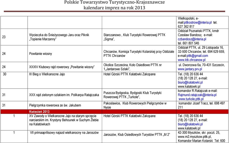 mail:pttkostrow@interia.pl tel. 627 362 817 Oddział Poznański PTTK, kmdr Czesław Bandosz, e-mail: czbandosz@interia.pl tel. 661 801 545 Oddział PTTK, ul. 29 Listopada 16, 32-500 Chrzanów, tel.