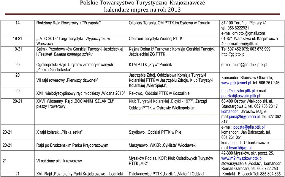 Kasprowicza Warszawie 19-21 Sejmik Przodowników Górskiej Turystyki Jeździeckiej i Festiwal Ballada konnego szlaku 20 Ogólnopolski Rajd Turystów Zmotoryzowanych Ziemia Głuchołaska 20 VII rajd rowerowy