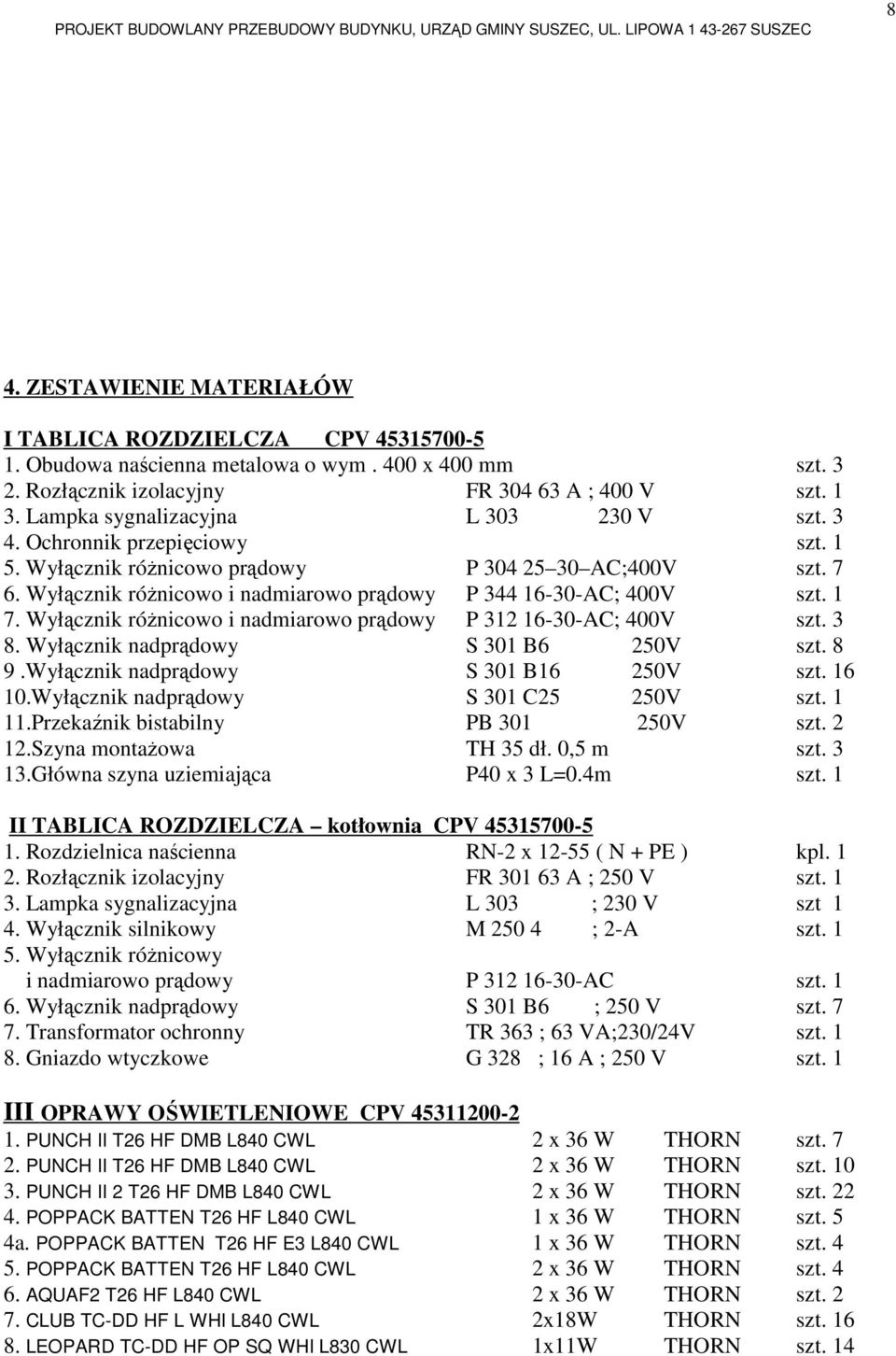 Wyłącznik różnicowo i nadmiarowo prądowy P 344 16-30-AC; 400V szt. 1 7. Wyłącznik różnicowo i nadmiarowo prądowy P 312 16-30-AC; 400V szt. 3 8. Wyłącznik nadprądowy S 301 B6 250V szt. 8 9.