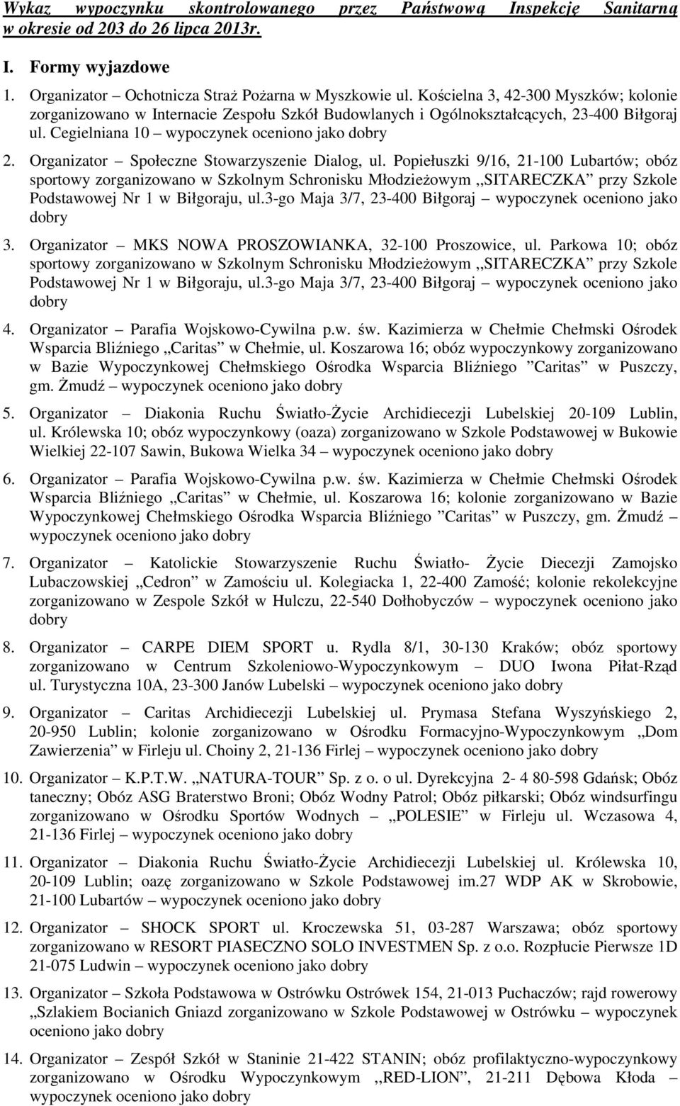 Popiełuszki 9/16, 21-100 Lubartów; obóz sportowy zorganizowano w Szkolnym Schronisku MłodzieŜowym,,SITARECZKA przy Szkole Podstawowej Nr 1 w Biłgoraju, ul.