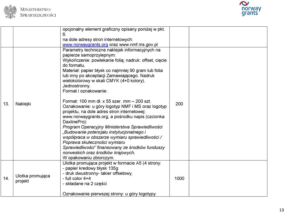 Materiał: papier błysk co najmniej 90 gram lub folia lub inny po akceptacji Zamawiającego. Nadruk wielokolorowy w skali CMYK (4+0 kolory). Jednostronny. Format i oznakowanie: Format: 100 mm dł.