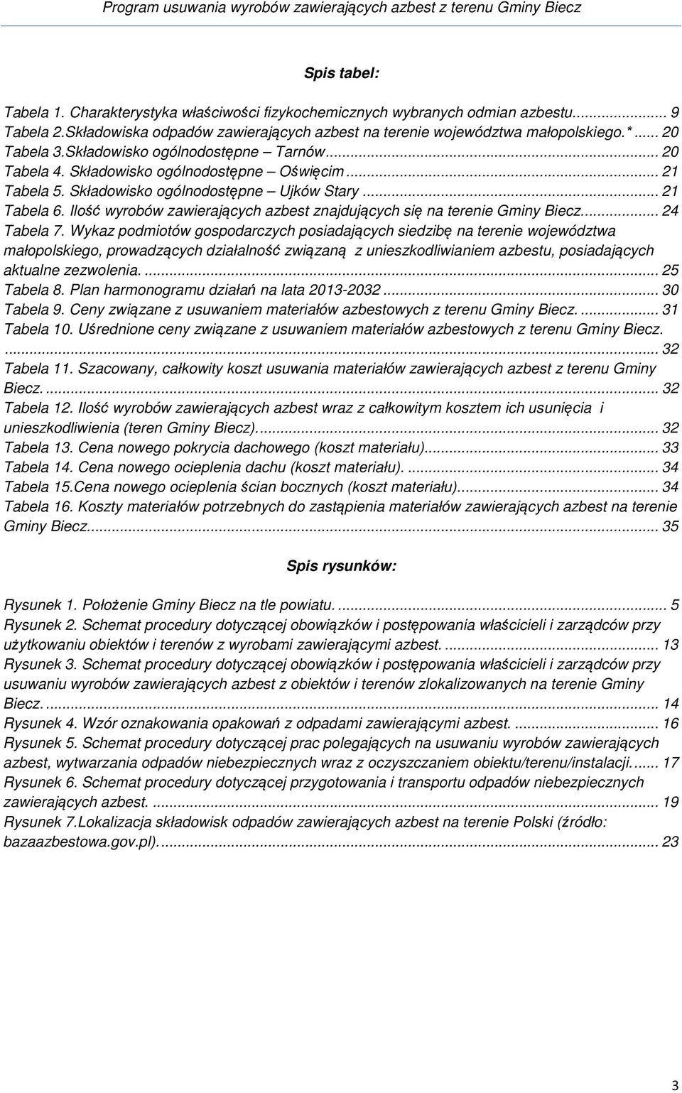 wyrobów zawierających azbest znajdujących się na terenie Gminy Biecz... 24 Tabela 7.