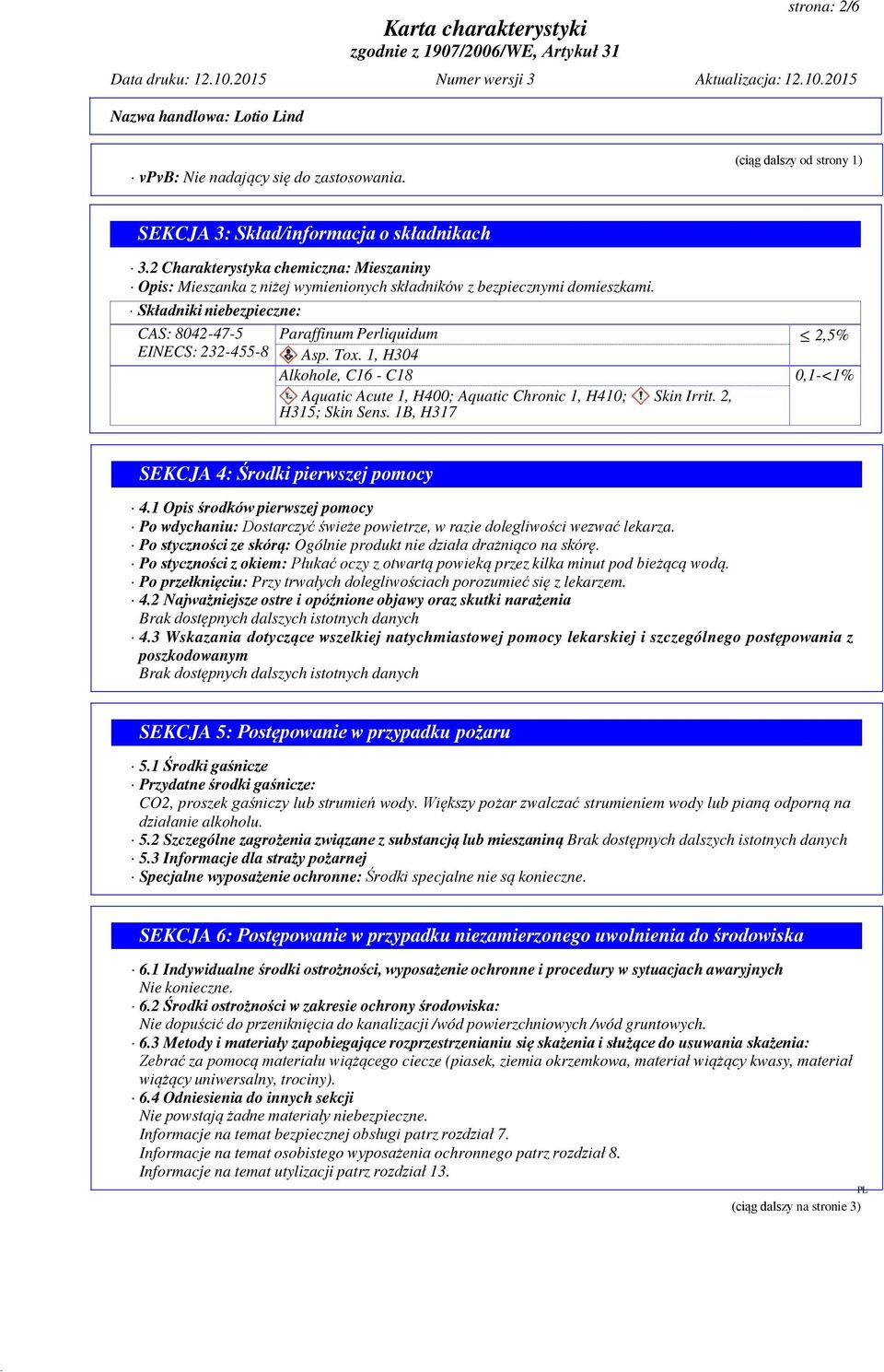 Składniki niebezpieczne: CAS: 8042-47-5 Paraffinum Perliquidum 2,5% EINECS: 232-455-8 Asp. Tox. 1, H304 Alkohole, C16 - C18 0,1-<1% Aquatic Acute 1, H400; Aquatic Chronic 1, H410; Skin Irrit.