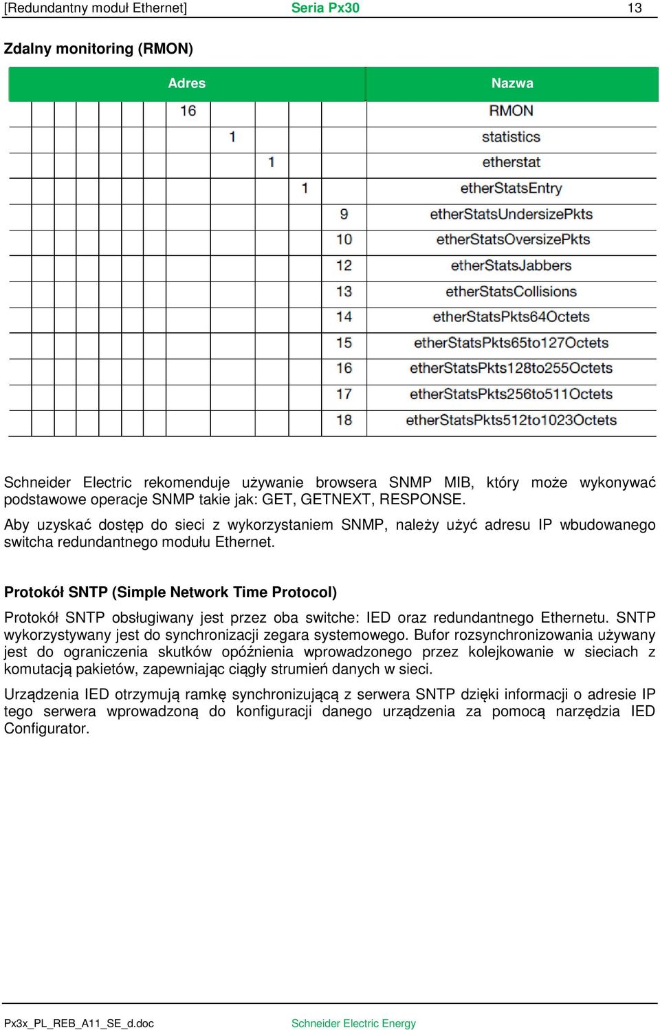 Protokół SNTP (Simple Network Time Protocol) Protokół SNTP obsługiwany jest przez oba switche: IED oraz redundantnego Ethernetu. SNTP wykorzystywany jest do synchronizacji zegara systemowego.