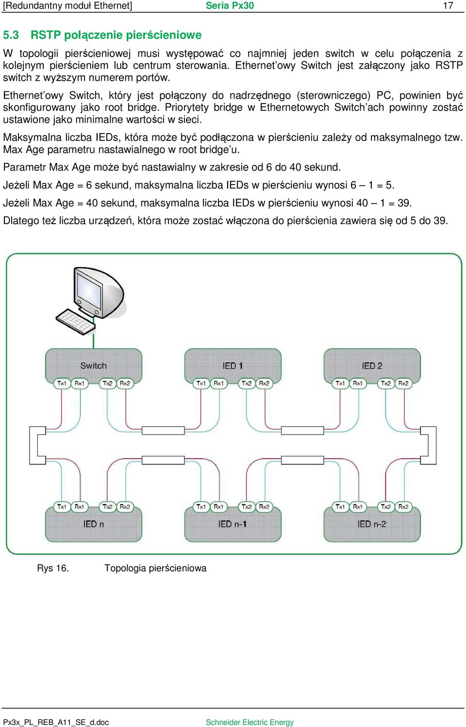 Ethernet owy Switch jest załączony jako RSTP switch z wyższym numerem portów. Ethernet owy Switch, który jest połączony do nadrzędnego (sterowniczego) PC, powinien być skonfigurowany jako root bridge.