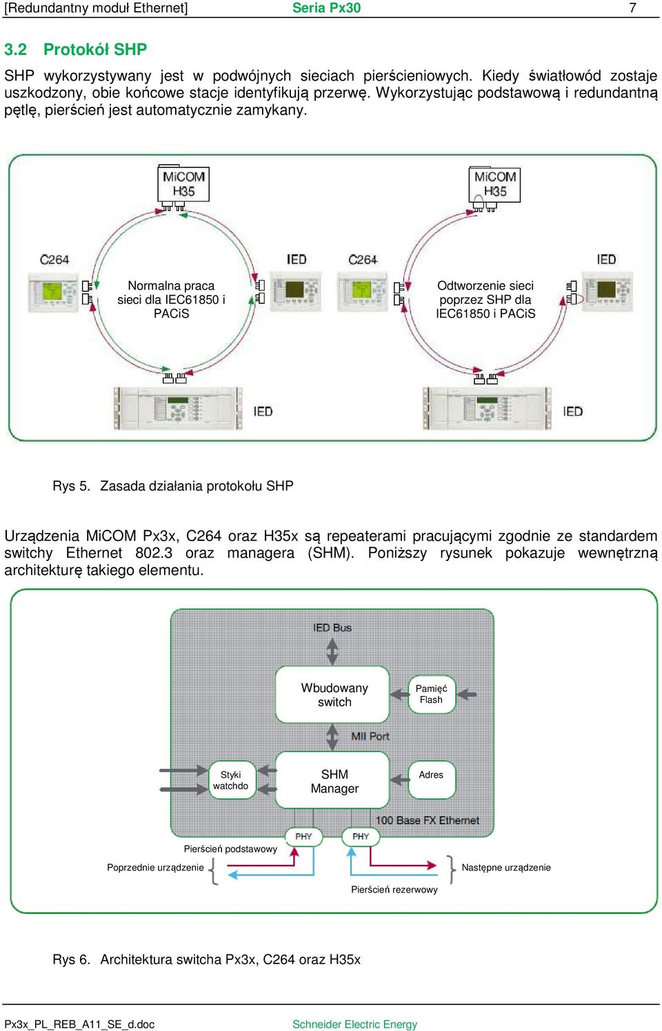 Zasada działania protokołu SHP Urządzenia MiCOM Px3x, C264 oraz H35x są repeaterami pracującymi zgodnie ze standardem switchy Ethernet 802.3 oraz managera (SHM).