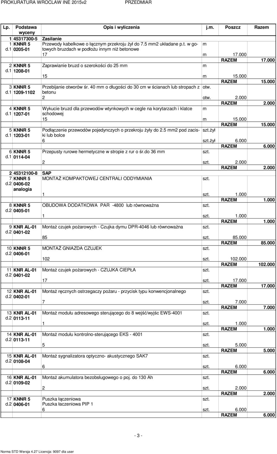 40 o długości do 30 c w ścianach lub stropach z otw. d.1 1209-1102 betonu 2 otw. 2.000 4 KNNR 5 Wykucie bruzd dla przewodów wtynkowych w cegle na korytarzach i klatce d.1 1207-01 schodowej 15 15.