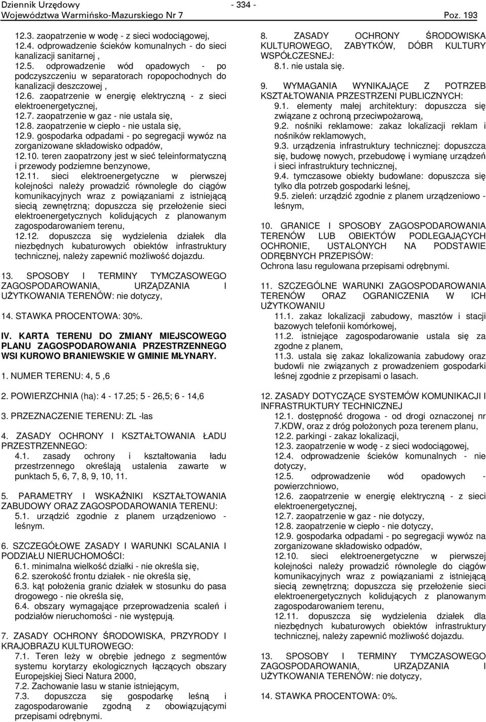 zaopatrzenie w energi elektryczn - z sieci elektroenergetycznej, 12.7. zaopatrzenie w gaz - nie ustala si, 12.8. zaopatrzenie w ciepło - nie ustala si, 12.9.