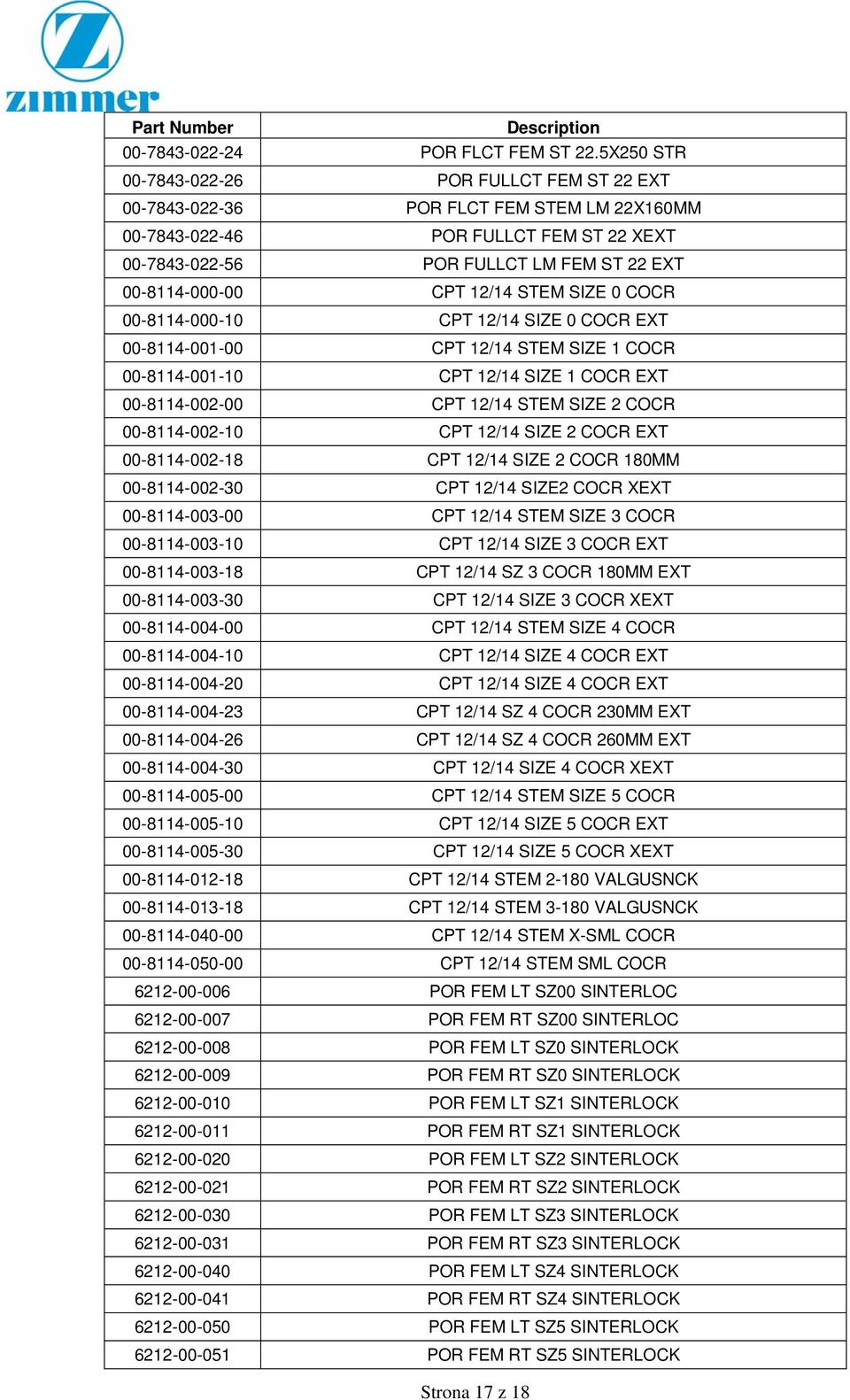 12/14 STEM SIZE 0 COCR 00-8114-000-10 CPT 12/14 SIZE 0 COCR EXT 00-8114-001-00 CPT 12/14 STEM SIZE 1 COCR 00-8114-001-10 CPT 12/14 SIZE 1 COCR EXT 00-8114-002-00 CPT 12/14 STEM SIZE 2 COCR