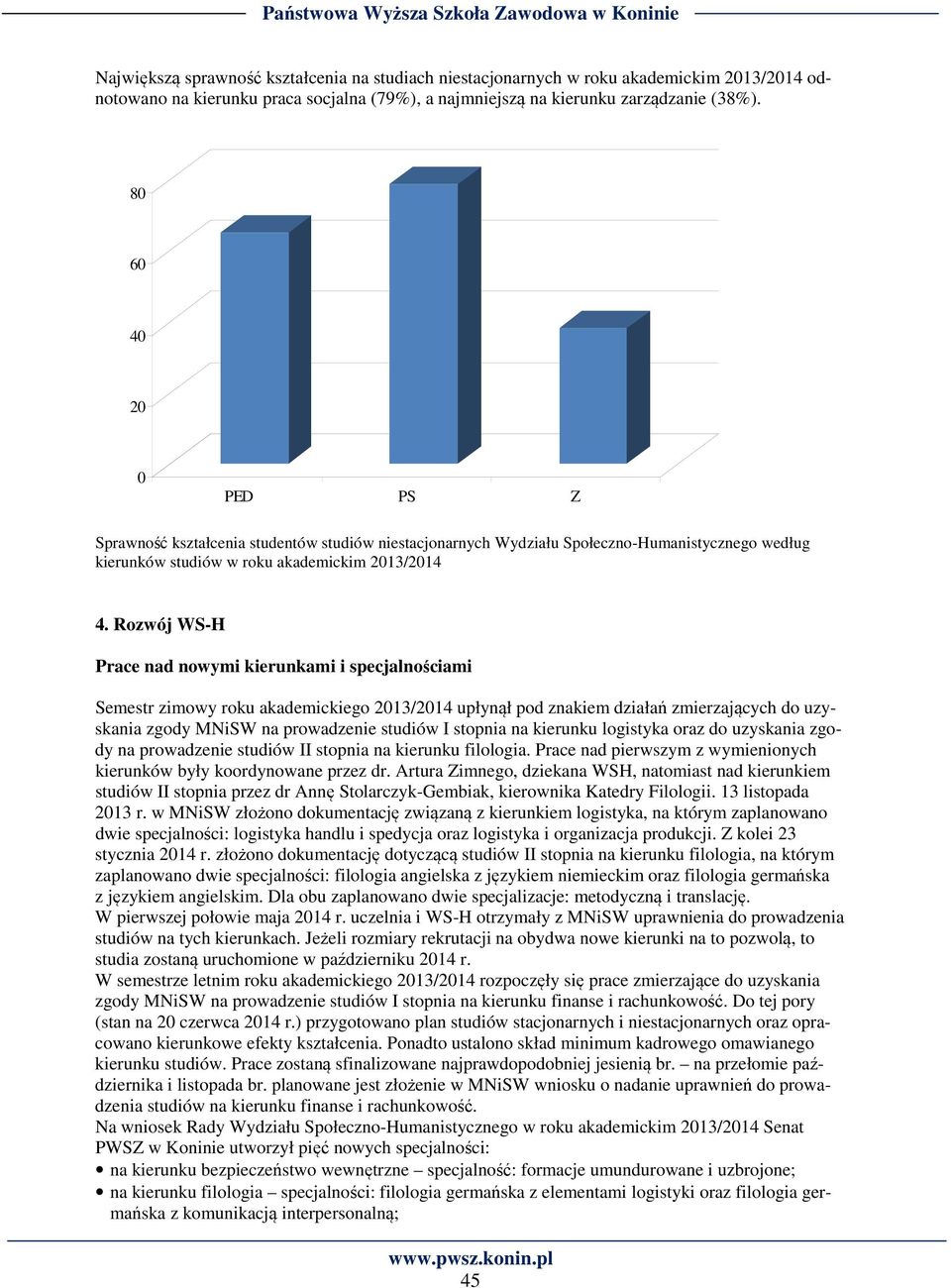 Rozwój WS-H Prace nad nowymi kierunkami i specjalnościami Semestr zimowy roku akademickiego 2013/2014 upłynął pod znakiem działań zmierzających do uzyskania zgody MNiSW na prowadzenie studiów I