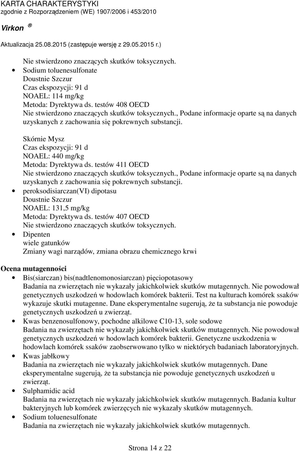 testów 411 OECD Nie stwierdzono znaczących skutków toksycznych., Podane informacje oparte są na danych uzyskanych z zachowania się pokrewnych substancji.